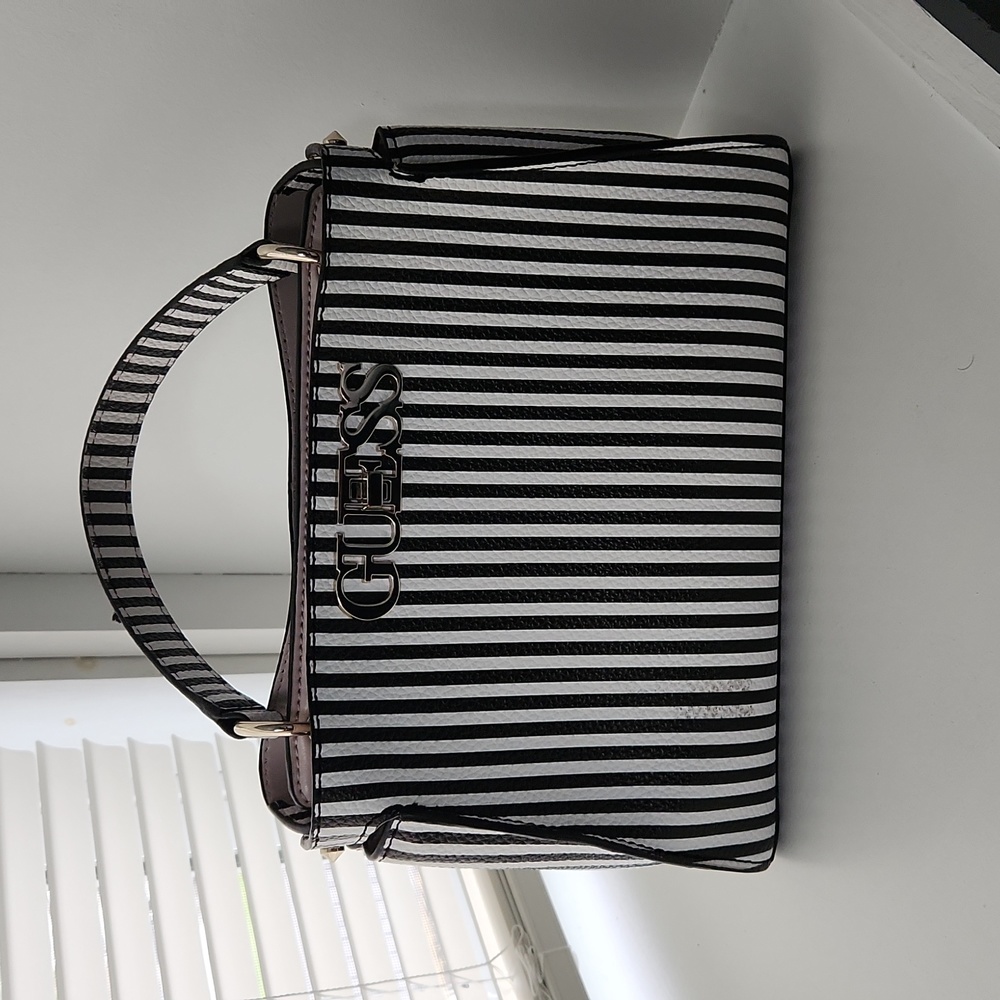 Guess black and white striped turn lock handbag